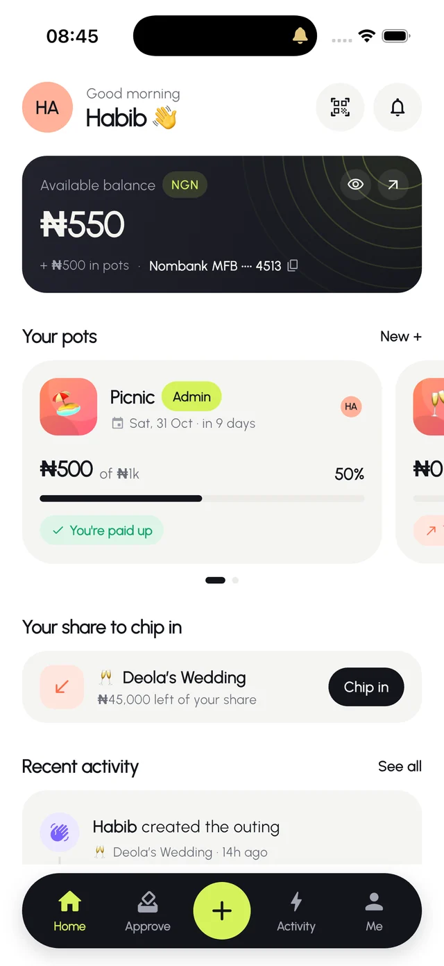 Dawo home screen with the wallet balance and your pots