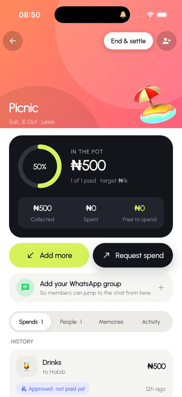 A pot in Dawo showing how much is in it, who has paid and its spends